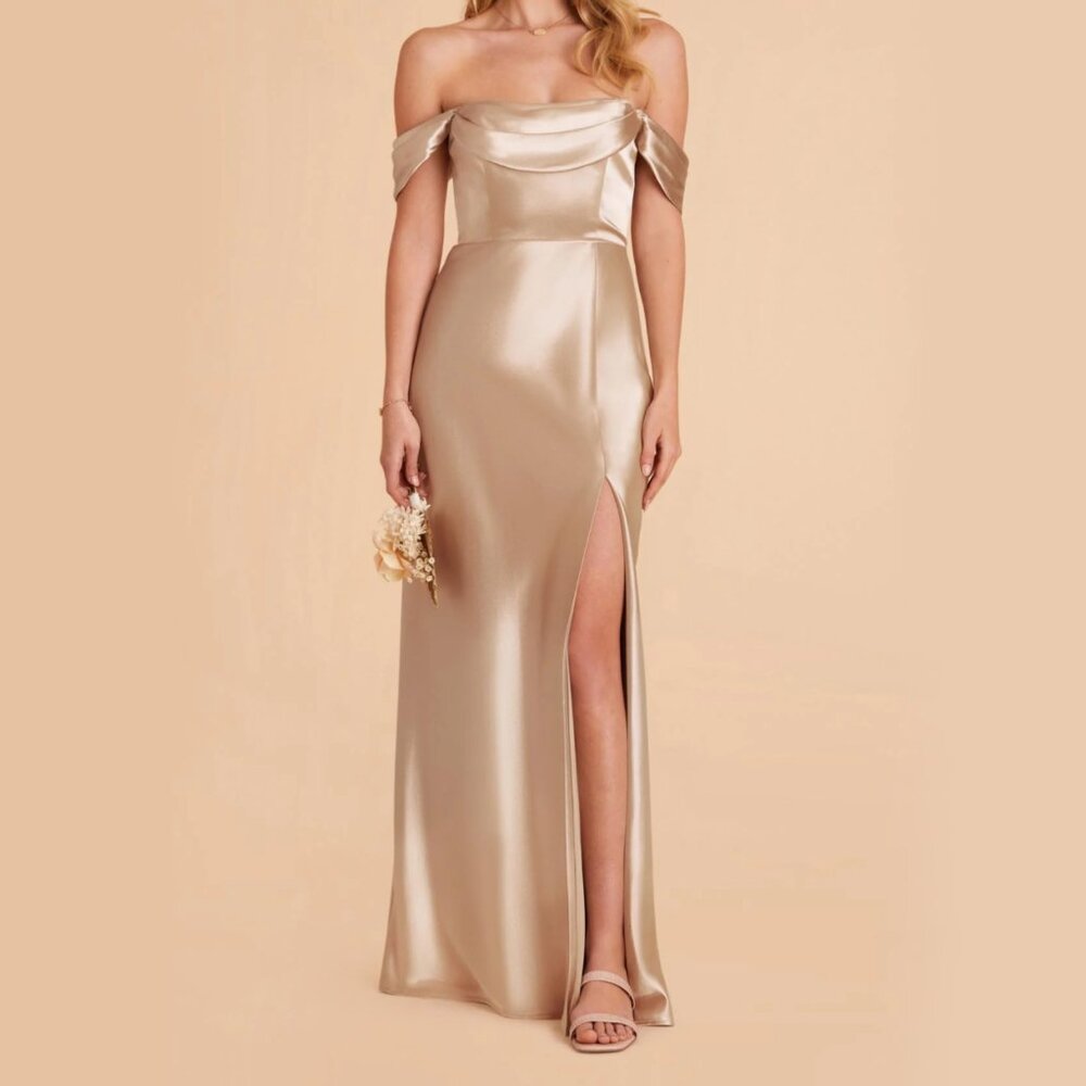NWT Birdy Grey Long Satin Dress Convertible Neutral Champagne Color Size S